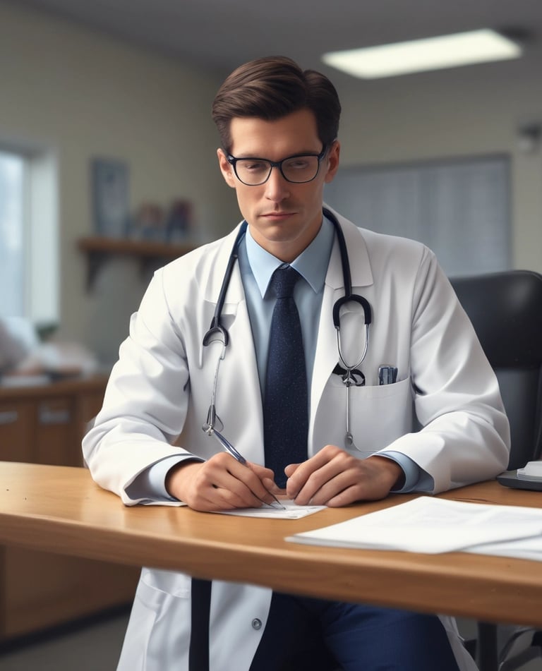 A medical professional reviewing notes with a stethoscope nearby, ready for PLAB or USMLE exams.
