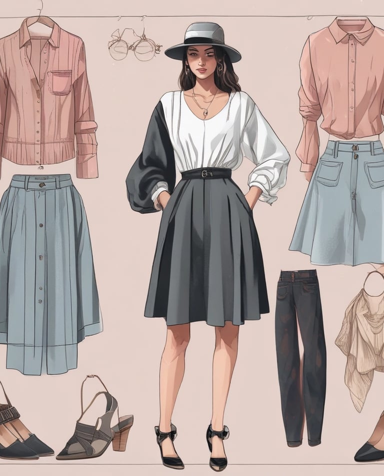 A modern fashion retail store with a minimalist facade. The storefront features a large glass window displaying a clothing rack with various garments, including shirts, pants, and dresses in pastel and neutral colors. The exterior wall is covered in dark gray tiles, with a small, rectangular window reflecting a tree.