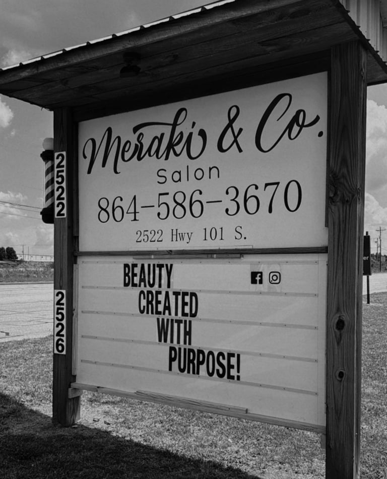 signage at Meraki and Co salon and spa and boutique in greer sc beauty created with purpose