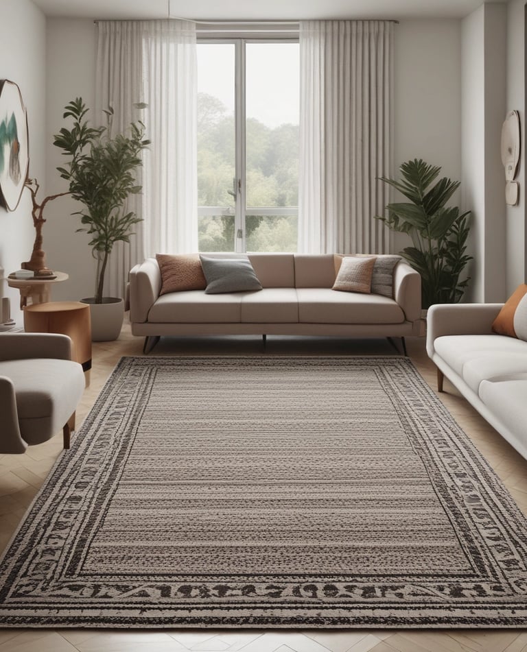 A long, elegant carpet runner laid out in a narrow hallway with soft lighting.