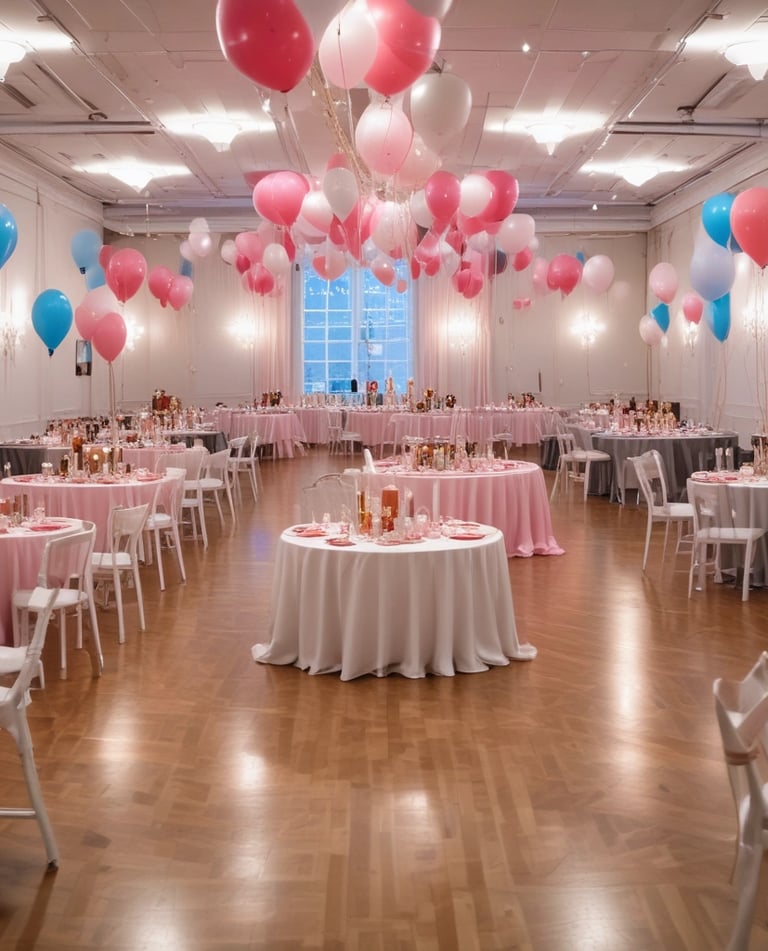 Colorful assortment of personalized party decorations and graphic design products displayed on a festive table.