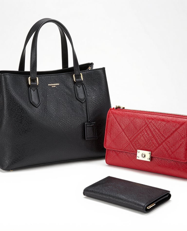 Colorful display of various accessory categories including bags, tech gadgets, and jewelry on a wooden table.