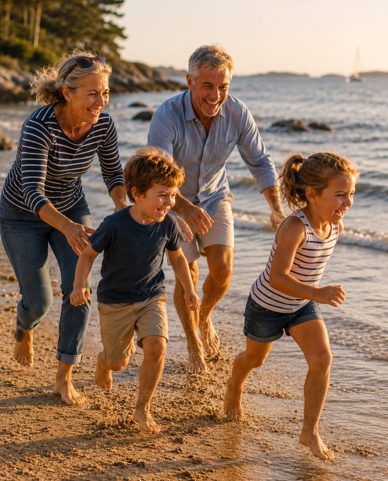 Séance de jeux sur la plage pour un couple et ses petits-enfants.