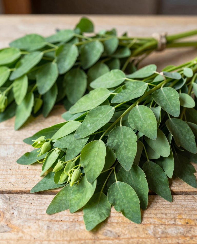 A vibrant green stem with compound pinnate leaves isolated on a white background.