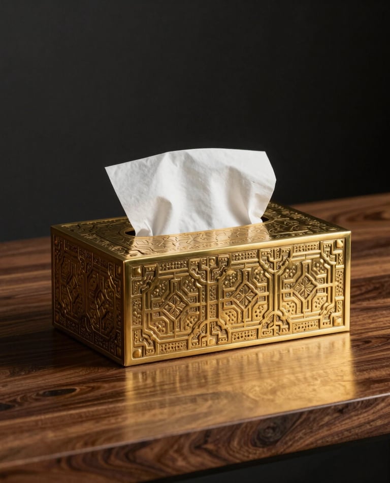 A sleek wooden and metal kitchenware set elegantly arranged on a black marble countertop with gold accents.