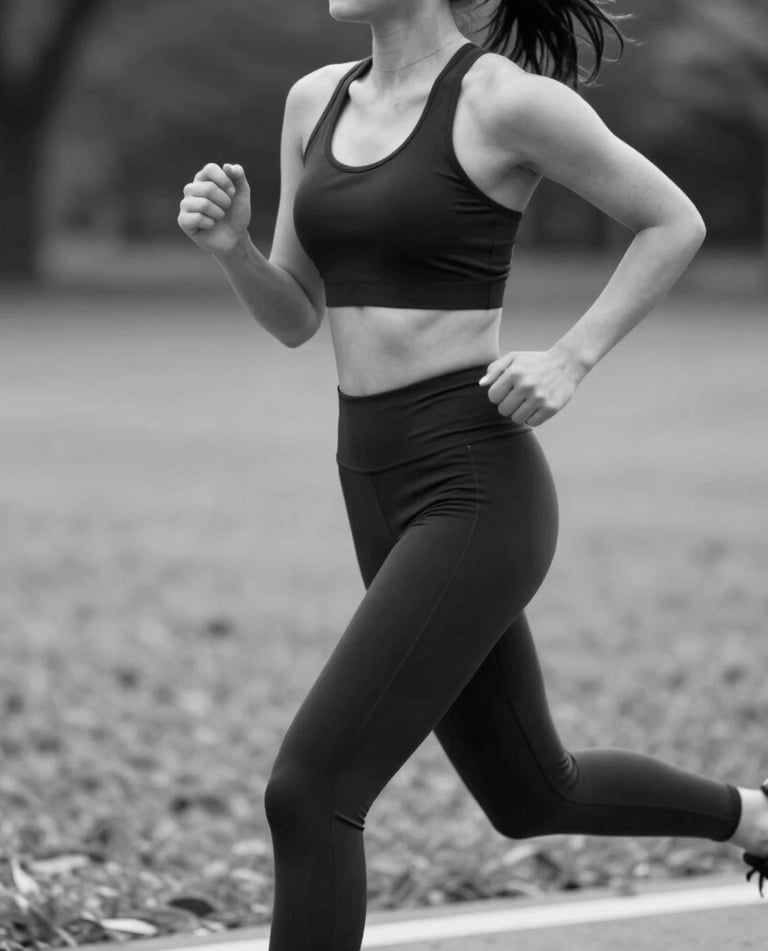 Athlete wearing a sleek black training shirt, running outdoors on a sunny day.