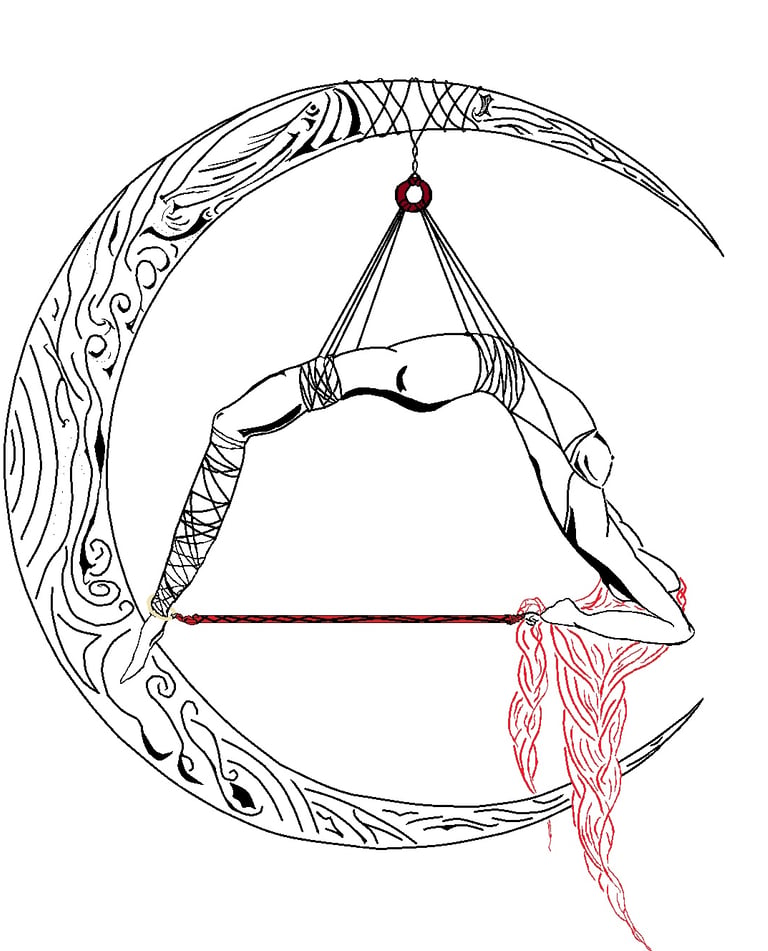 Ilustración del libro Shibari Exquisito de Óscar Ocaña Parrón, suspensión femenina de cuerdas en una media luna