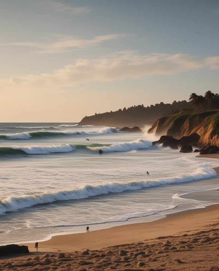 A group of people wearing bright green and red clothing gather in a circle on a sandy beach, surrounded by colorful surfboards arranged like a sunburst. The ocean waves gently roll towards the shore in the background.
