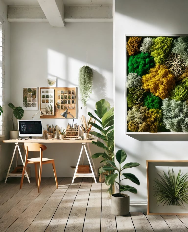a desk with a laptop on a wooden table mosswall