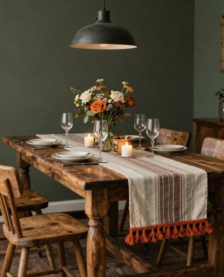 A cozy dining table set with elegant woven table runners in soft natural tones.