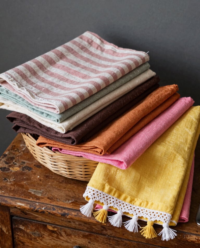 A stack of neatly folded linen napkins with subtle patterns in calming colors.
