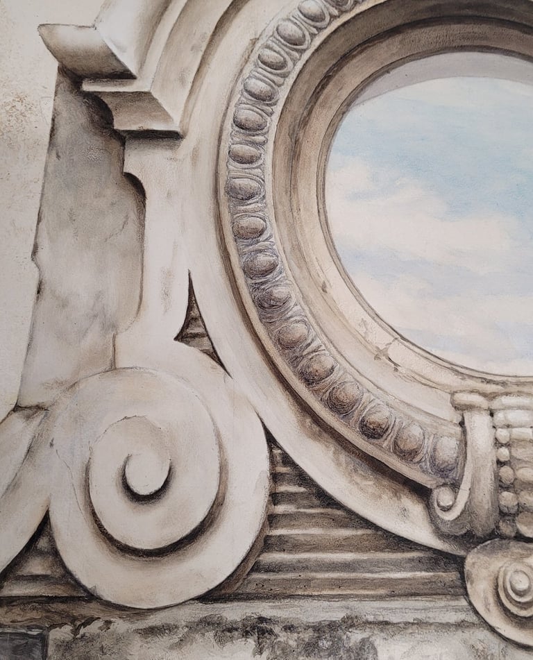 Détails d'une peinture décorative en trompe-l'oeil, un oeil de boeuf peint.