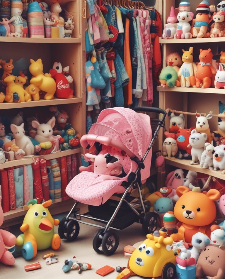 A family stands in a small shop or market stall. A man and a woman hold a baby. The stall is filled with various items, including beverages and snacks. A refrigerator with a Coca-Cola logo is visible in the background.