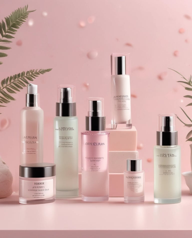 Cute cartoon illustration of a pink cosmetic bottle with sparkles