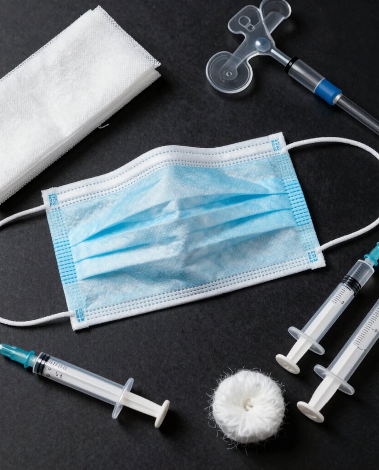 A clean, modern display of various medical supplies including gloves, masks, and syringes arranged neatly on a white background.