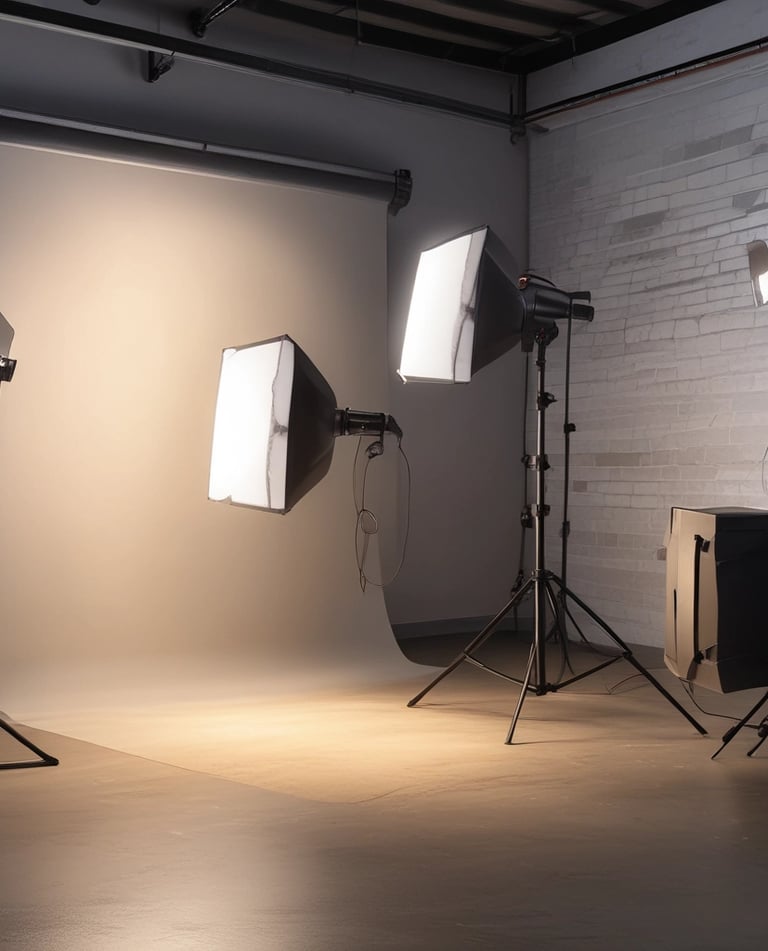 Softbox and LED panels set up for a portrait shoot in a bright studio