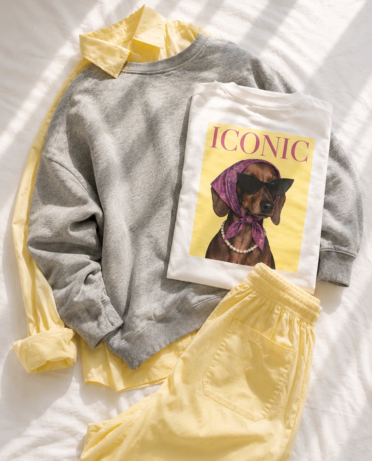 Flat lay BEWOOMAN : layering oversize chic avec sweat gris, chemise pastel et look maman active stylée.
