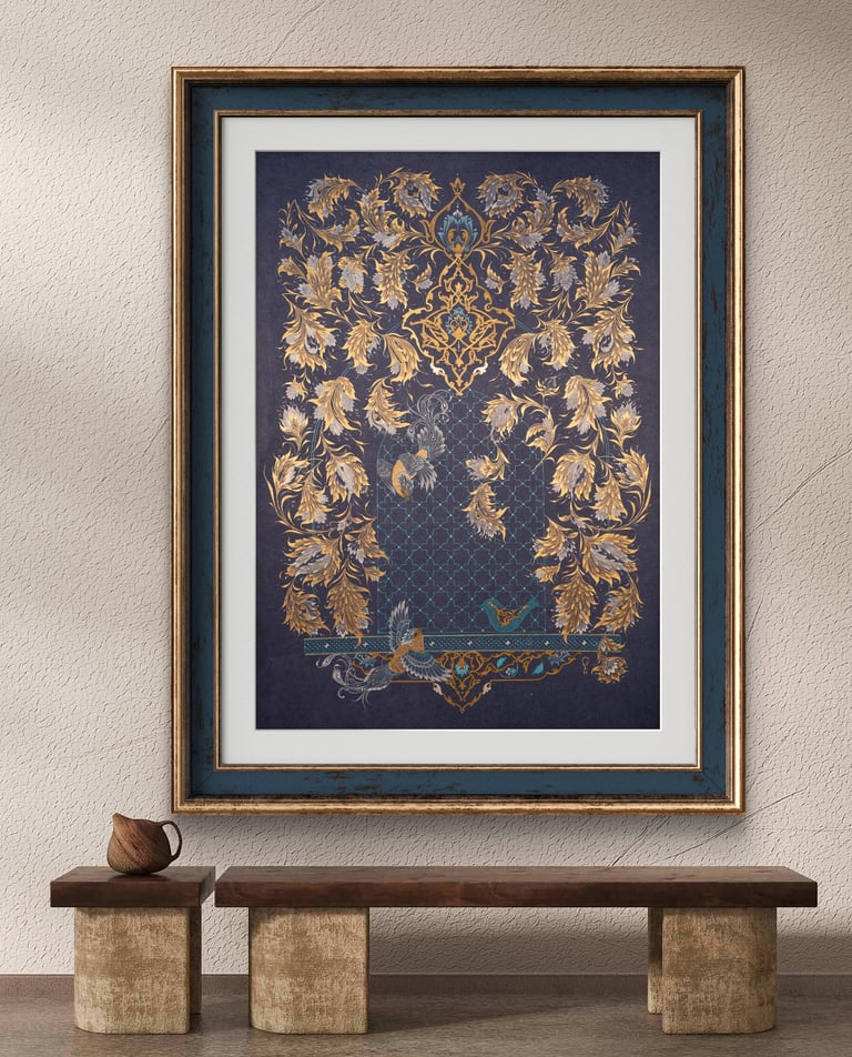 Close up of 24k gold leaf texture showing a traditional Eslimi spiral an infinite interlacing arabes