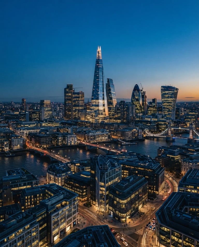 High-angle architectural photography of modern London skyline at blue hour, glass and steel facades, cool tones, 35mm