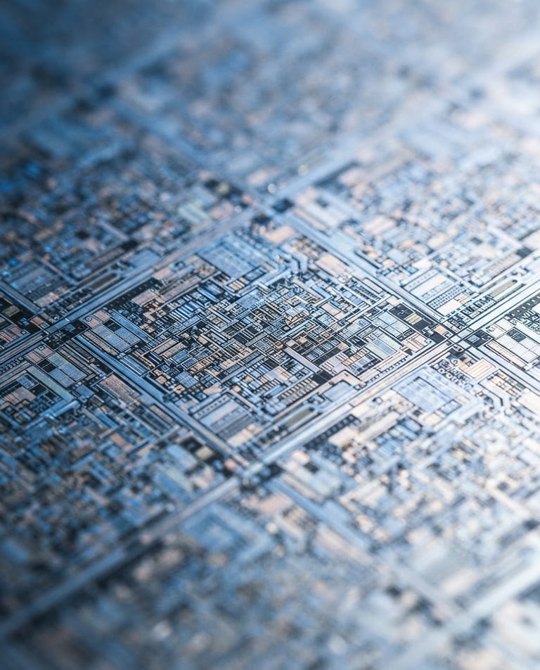 Extreme close-up of a high-resolution silicon wafer, cool blue and white studio lighting, sharp technical details, shallow depth of field, 50mm lens. The wafer shows intricate circuit patterns.