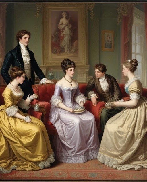 Two gentlemen and three ladies from Regency times talking in the drawing room