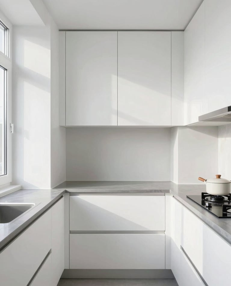 Symmetrical architectural shot of a perfectly leveled modern kitchen installation, crisp daylight, sharp focus on clean cabinet joints, 35mm