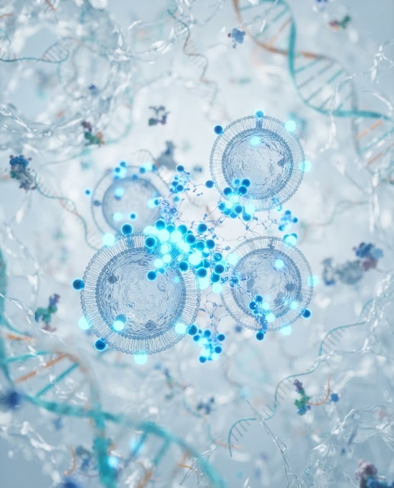 Macro shot of blue glowing magnetic nanoparticles binding to lipid-bilayer exosomes, with DNA helices and RNA strands subtly integrated in the background, under crisp high-key laboratory lighting, 50mm.