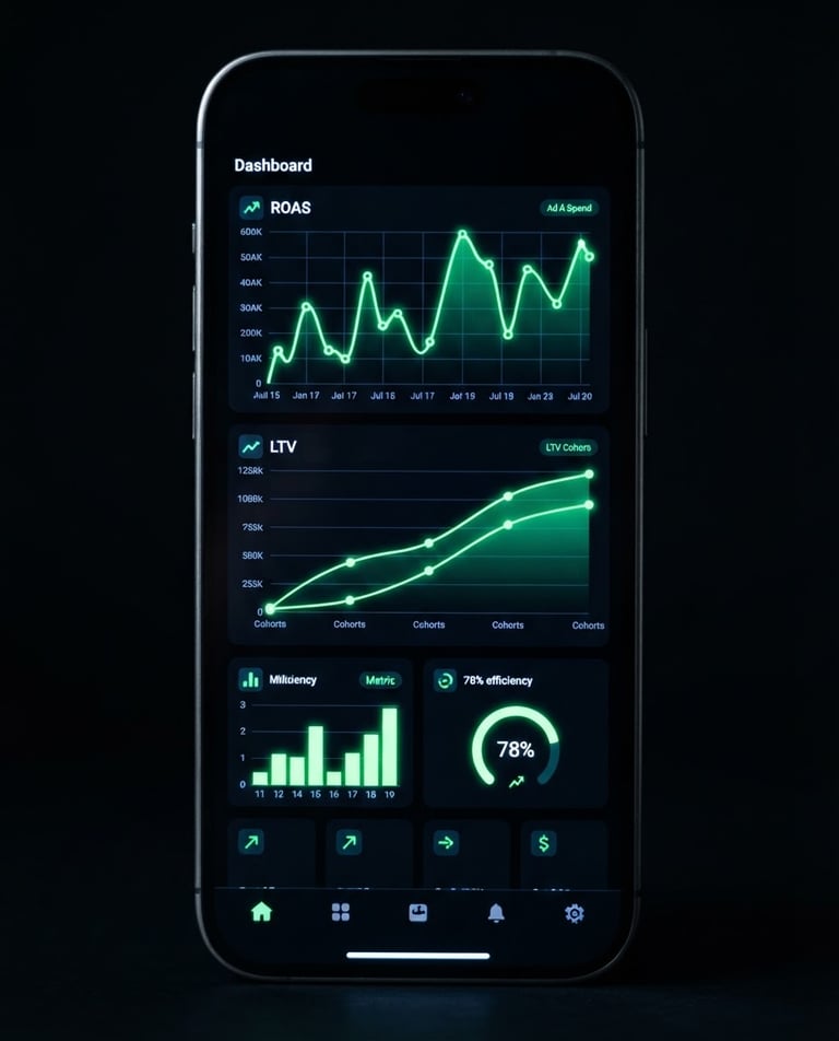 High-fidelity mobile phone mockup displaying a performance dashboard with neon green ROAS charts and LTV curves, dark-mode environment, sharp focus, 35mm.