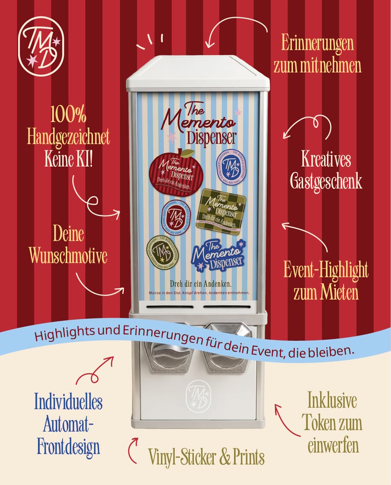  Individuell gestalteter Automat zur Ausgabe von Erinnerungsstücken für Veranstaltungen, versehen mi