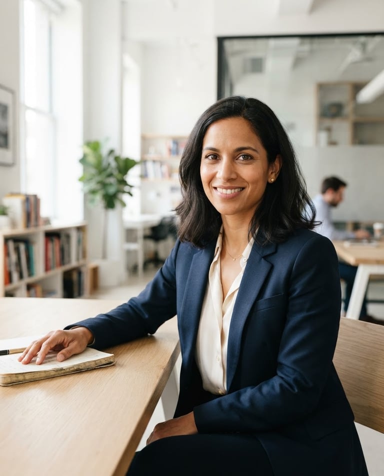 Authentic portrait of a professional woman (author) in natural daylight, looking confident and approachable, slightly off-center to the right, against a bright minimalist workspace background, crisp focus, 35mm