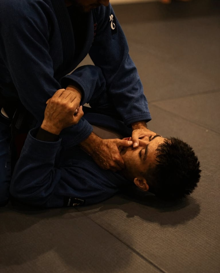 A martial arts instructor demonstrating a precise BJJ grip on a clean mat, close-up, dramatic low-key side lighting, deep charcoal and warm amber tones, 35mm lens, hands wrapped.