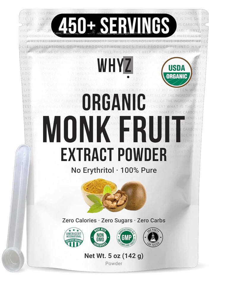 A bag of WHYZ Organic Monk Fruit Extract Powder with no erythritol, zero calories, and a measuring scoop.