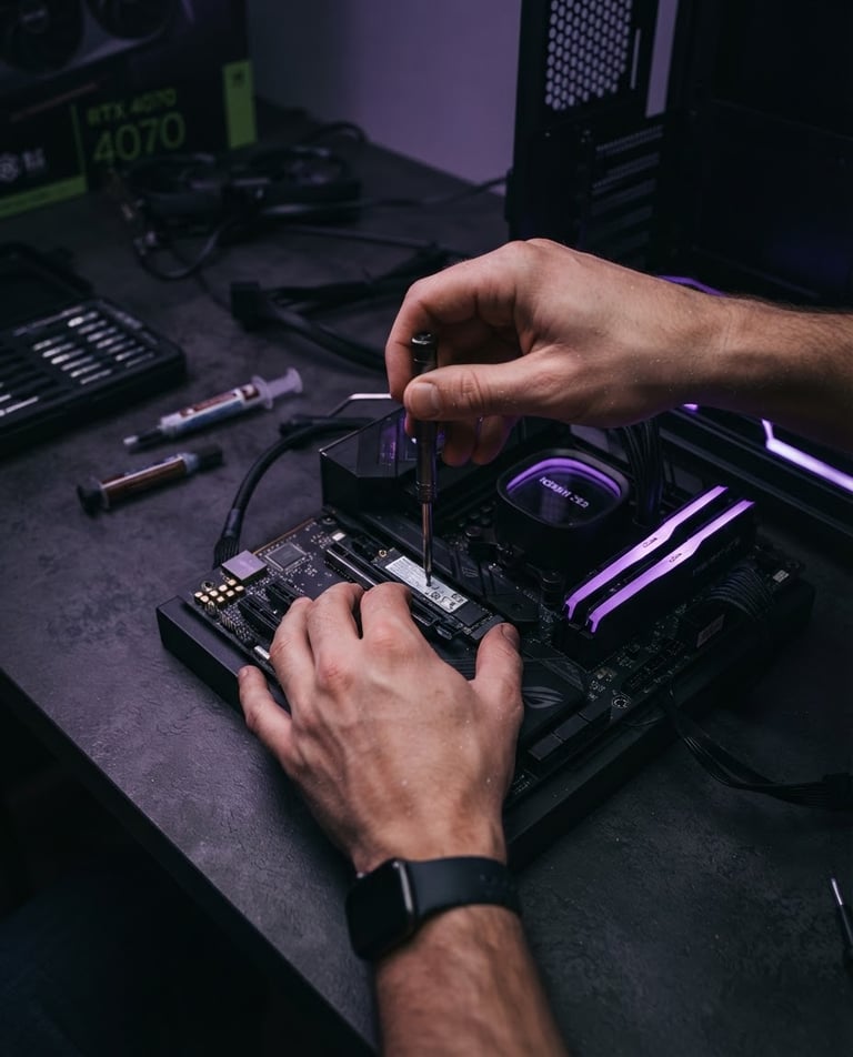 Close-up of Théo Chevalier's hands expertly assembling a custom PC, components neatly arranged on a dark workbench, subtle violet ambient lighting, macro depth of field.