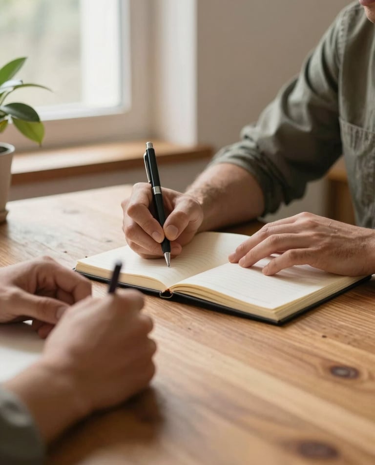 Close-up editorial frame: two pairs of hands across a wooden table during a facilitation session, one pair holding a pen over an open notebook, warm natural window light from the left, sage-green plant visible at the edge, earthy clay tones throughout