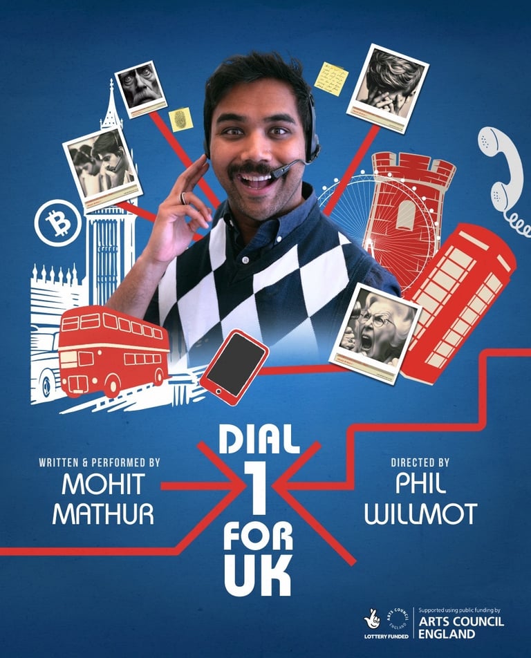 a man with a phone phone in front of a blue background, dial 1 for uk poster