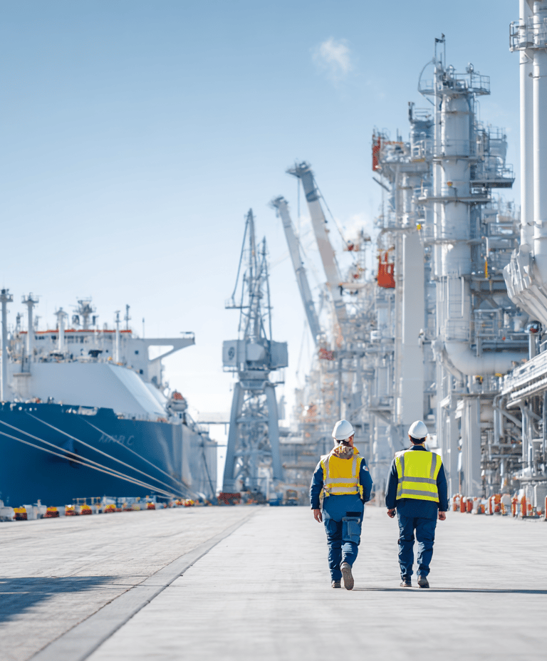 two people in safety clothing walking toward a large energy carrier in an industrial setting
