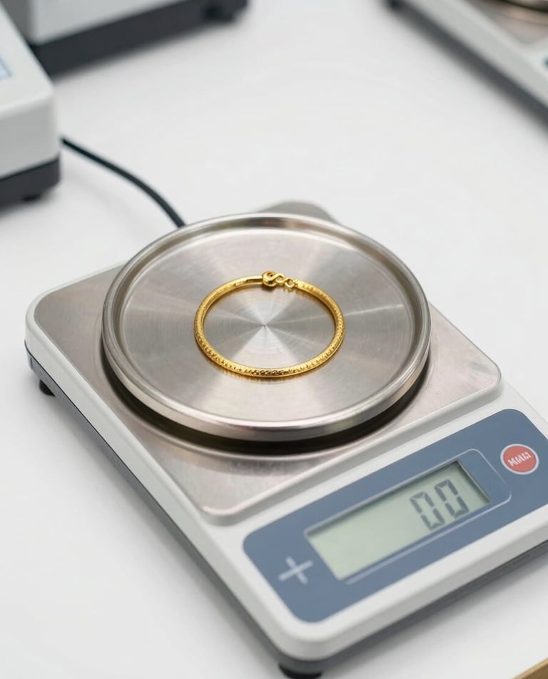 Overhead close-up of a stainless certified scale with gold jewelry resting in the weighing pan, clean white counter surface, bright studio daylight, sharp institutional framing