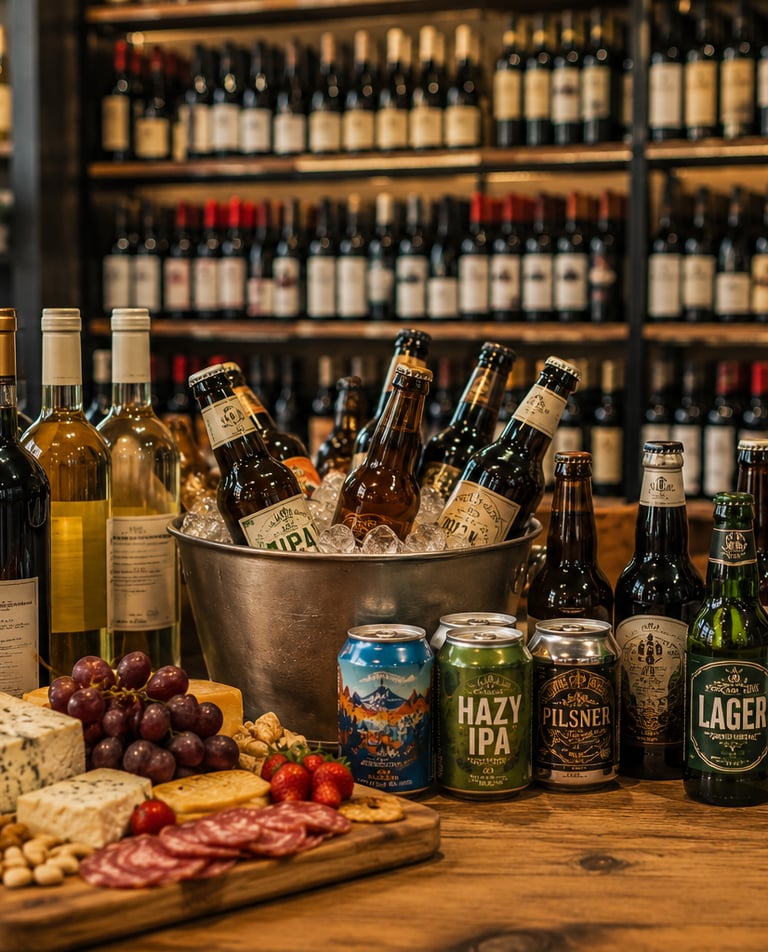 A curated selection of craft beers, wine bottles, and a charcuterie board on a rustic bar counter.