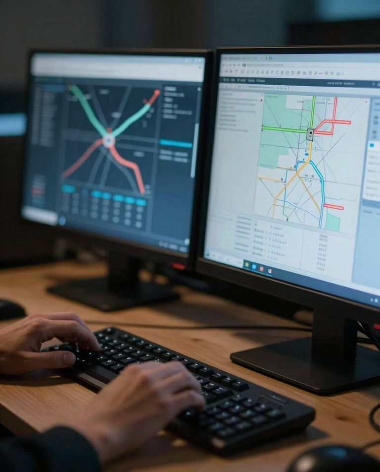 Close-up of a dispatcher's hands on a keyboard, dual monitors displaying complex route optimization software, moody low-light with cool blue screen glow and warm amber desk lamp, shallow depth of field.
