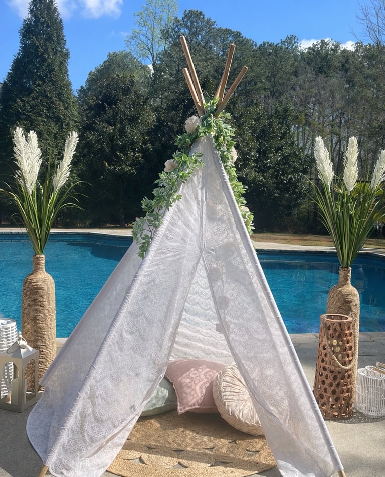 Boho teepee luxury picnic add on enhancement lace tent with floral garland pillows & rug