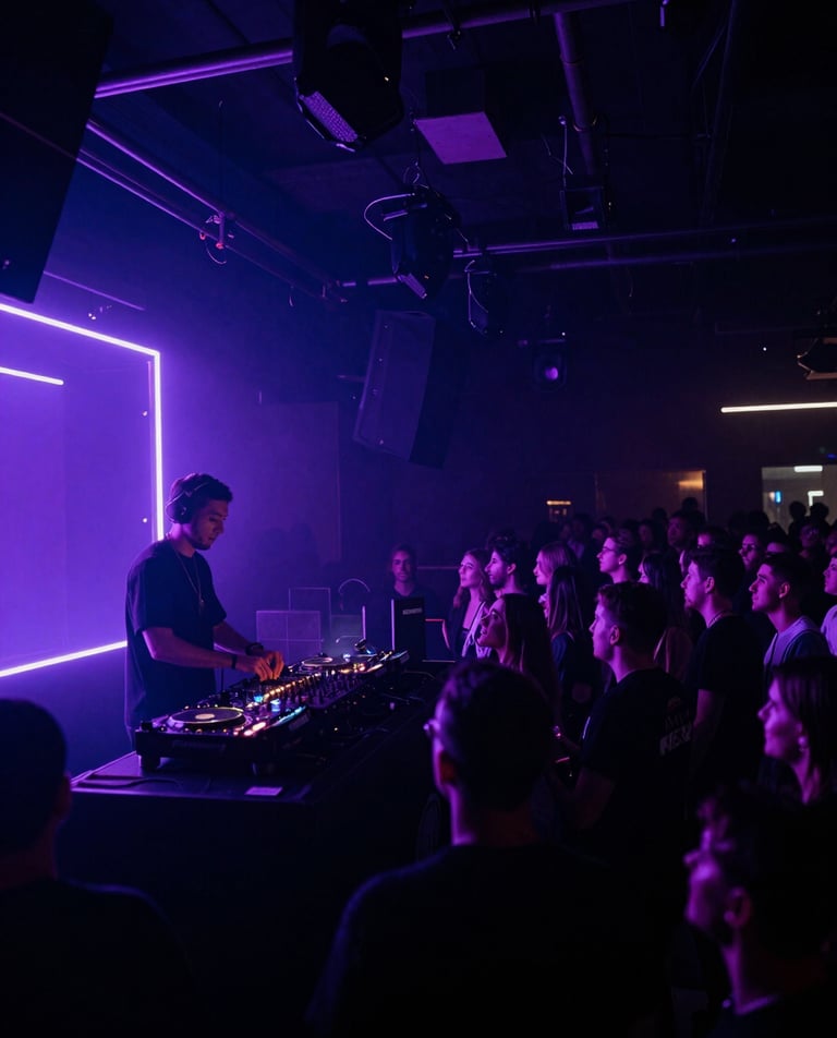 moody event photography, high-contrast neon and ambient lighting, deep indigo and electric violet tones, wide-angle cinematic lens, a DJ performing in a dark, atmospheric club, silhouetted against a neon-lit stage, with a crowd in motion, right-aligned, bleeding to the edge.