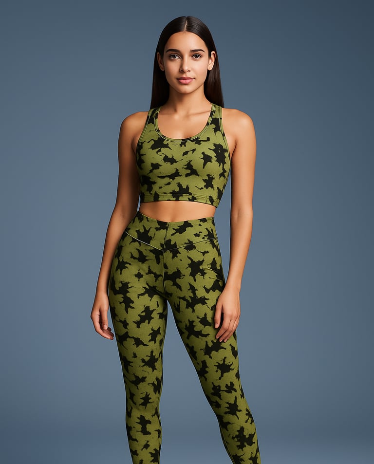 a woman in a green camo print sports bra top