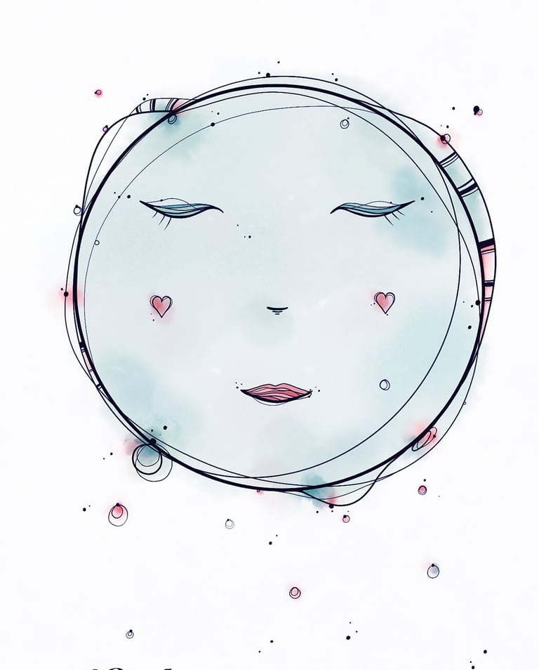 illustration lune bleu aquarelle et encre 