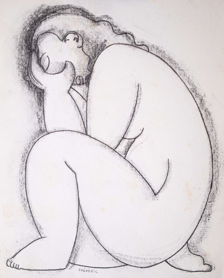 Dessin d'une femme accroupie de profil