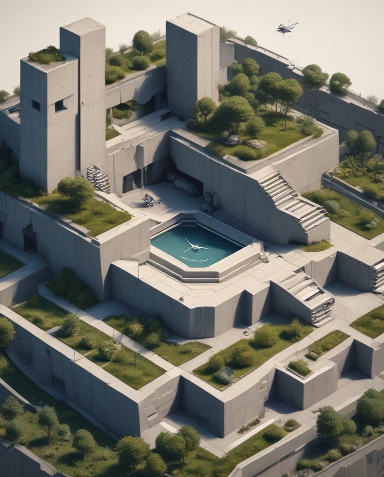 a building with a helicopter flying over a city