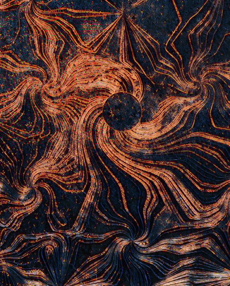 Digital abstract art depicting the scope of influence with a black hole at the center by Fermionne.