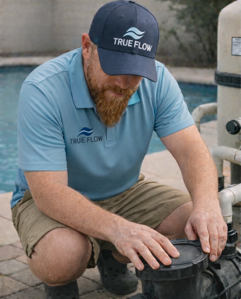 True Flow technician performing pool equipment repair in Georgetown, Texas.