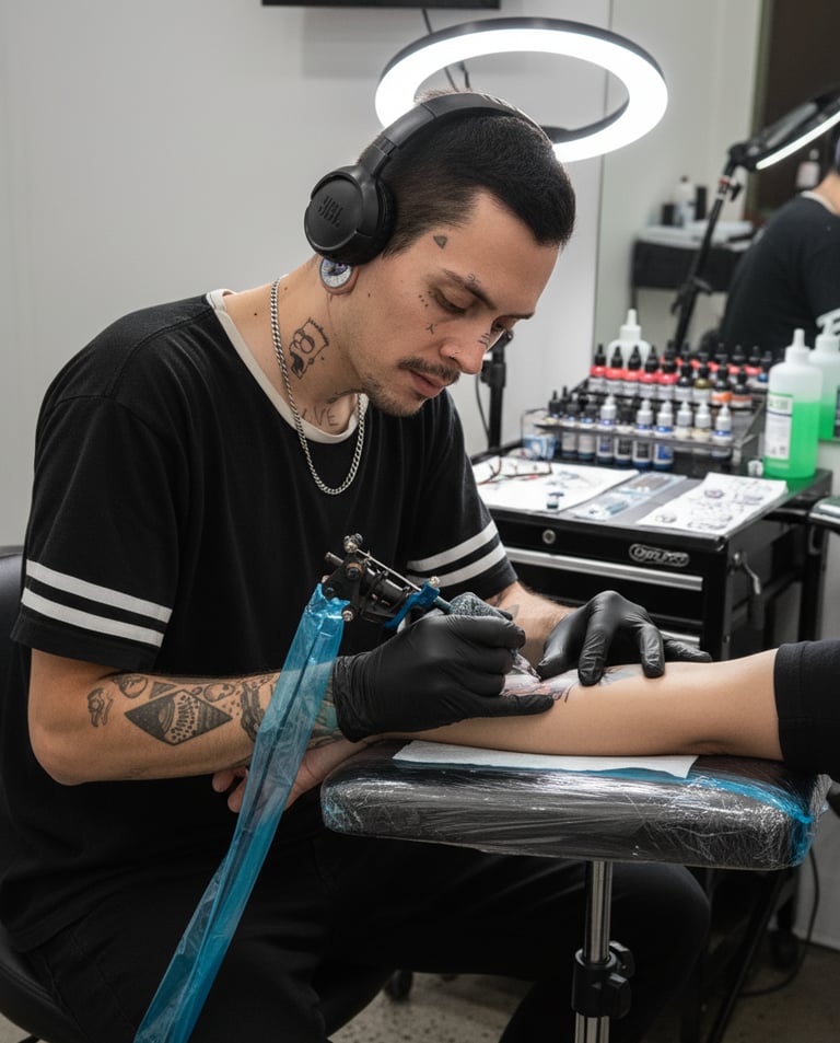 Baztiel Tattoo, tatuador chileno especializado en tatuajes neotradicionales y anime durante sesión