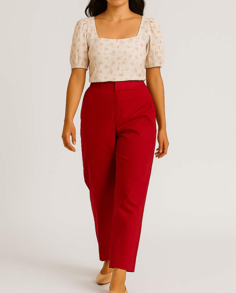 a woman in a white top and red pants