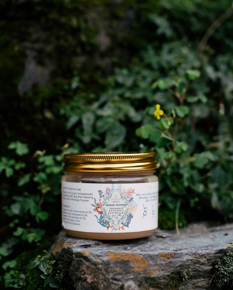Natural Ayurvedic apothecary skin cream jar on a mossy rock in a lush forest setting.